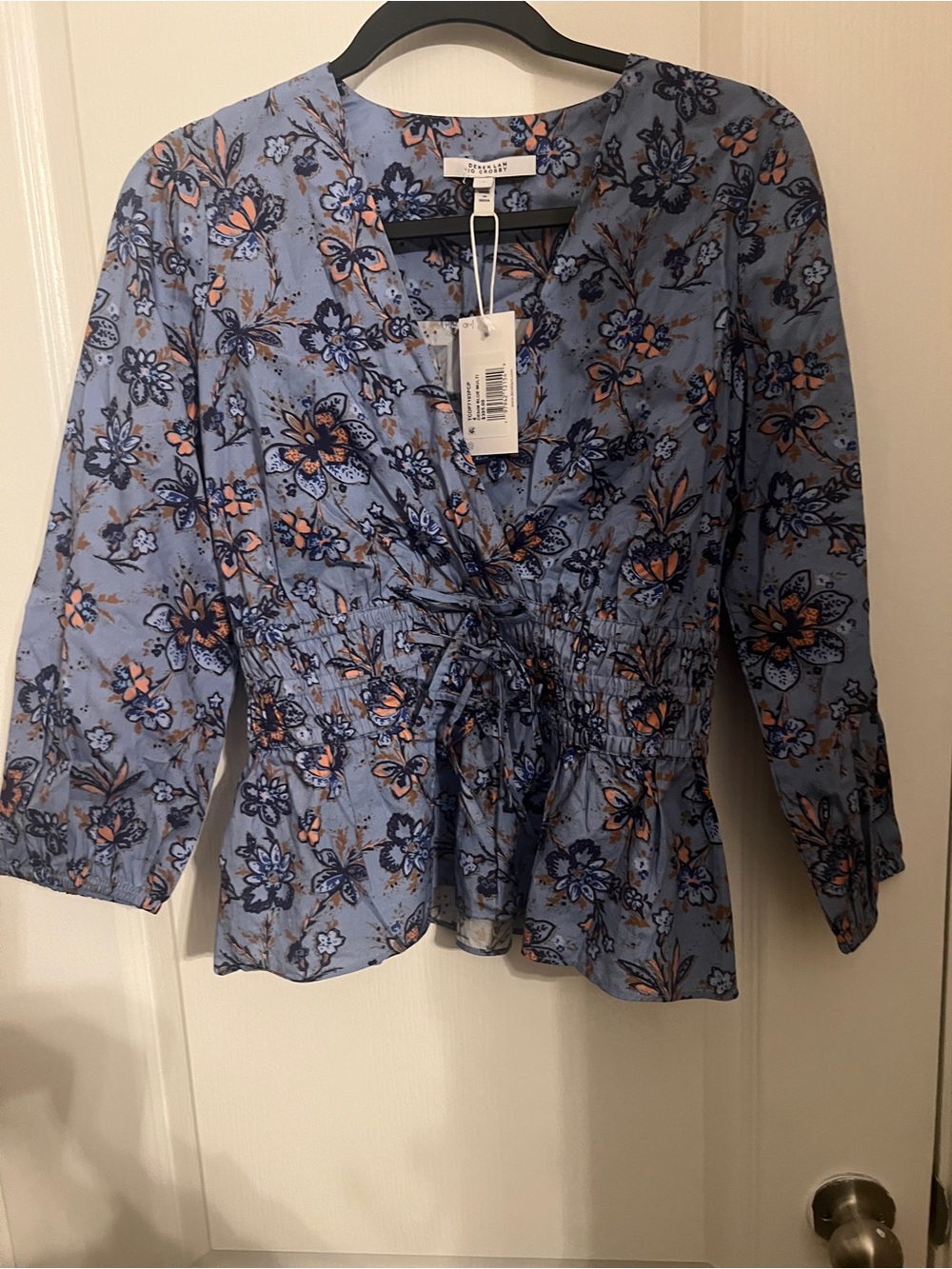 Derek Lam Blue Floral Tie-Front Peplum Blouse